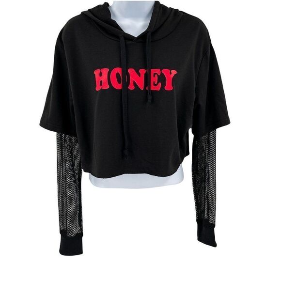 Honey Cropped Hoodie with Mesh Long Sleeves SHEIN Medium - Picture 1 of 6